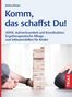 Text: Komm, das schaffst Du! ADHS, Aufmerksamkeit und Koordination. Zwei Kinder spielen Jenga auf dem Boden.