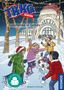 "Geschenke in Gefahr" und "Sicher lesen können". Kinder spielen im Schnee vor einem festlich beleuchteten Gebäude., Buch
