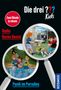 Text: "Die drei ??? Kids", "Zwei Bände in einem", "Radio Rocky Beach", "Panik im Paradies". Oben: Kinder bei einem LKW. Unten: Kinder im Wasser mit Tier., Buch