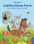 „Judiths kleine Farm: Charlies großes Fohlen-Abenteuer.“ Illustrationen eines Fohlens, Katzen und Blumen auf einer Wiese., Buch