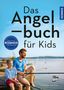 Text: "Das Angelbuch für Kids". Zwei lachende Personen angeln am See., Buch