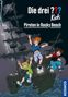 Text: Die drei ??? Kids, Piraten in Rocky Beach, KOSMOS. Illustration: Drei Kinder springen freudig von einem Piratenschiff ins Wasser., Buch