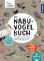 "Das NABU-Vogelbuch" steht in großen Buchstaben, umgeben von Illustrationen verschiedener Vogelarten., Buch