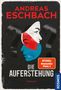 ANDREAS ESCHBACH, DIE AUFERSTEHUNG. Illustration mit zwei Profilen in Rot und Blau, Fragezeichen im Hintergrund., Buch