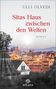 "Sitas Haus zwischen den Welten" von Ulli Olvedi. Stadtansicht mit Häusern und Bergen, unten ein arkana-Logo., Buch