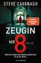 "ZEUGIN NR. 8" und "Wenn die Zeugin eines Mordes gefährlicher ist als der Killer...". Eine Frau im roten Mantel geht einen Flur entlang., Buch