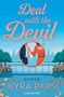"Deal with the Devil", Roman von Kyra Parsi. Illustration einer Frau, die einem Mann die Krawatte hält, im Hintergrund Skyline.