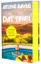 „Aisling Rawle: Das Spiel“. Gelber Kreis mit Zitat von Oprah Daily. Illustration: Zwei Personen am Pool, Hintergrund Hügel., Buch