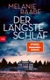„MELANIE RAABE DER LÄNGSTE SCHLAF ROMAN“. Ein altes Haus vor düsterem Himmel, umgeben von Bäumen., Buch