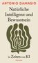 „Natürliche Intelligenz und Bewusstsein in Zeiten von KI“ von Antonio Damasio. Eine stilisierte Illustration eines Kopfes.