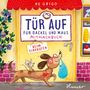 „TÜR AUF FÜR DACKEL UND MAUS MITMACHBUCH BEIM EINKAUFEN“. Illustration: Dackel mit Brille, Maus reitet auf seinem Rücken., Buch