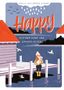 „Happy. Kleiner Hund und großes Glück.“ Illustration: Person mit Hund auf Steg, Fischerhütten, Möwen, Meer., Buch