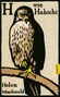 Text: "H wie Habicht", "Helen Macdonald", "HANSER". Illustration eines Habichts auf einem Ast., Buch
