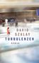 "DAVID SZALAY TURBULENZEN ROMAN" in großen Buchstaben. Verschwommene Szene eines Flughafens mit Menschen in Bewegung.