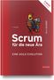 „Scrum für die neue Ära“, „EINE AGILE EVOLUTION“, Illustration: Figur auf Stuhl mit Megafon, roter Hintergrund., 1 Buch und 1 Diverse