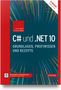 C# und .NET 10: Grundlagen, Profiwissen und Rezepte. Bunte Linien auf dunklem Hintergrund, Hanser-Verlagslogo., 1 Buch und 1 Diverse