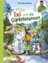 "Ixi und die Gipfelstürmer". Eine Illustration: Ein Steinbock und ein Fuchs in Kletterausrüstung auf einer Hängebrücke., Buch