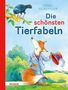 Text: "Die schönsten Tierfabeln". Illustration: Fuchs im Anzug, hebt Hut, sieht Vogel im Baum mit Käse an., Buch