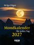 „Holga Föger, Mondkalender für jeden Tag 2027“ in gelber Schrift; Vollmond über Bergsilhouette bei Abenddämmerung.