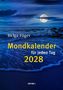 "Helga Föger, Mondkalender für jeden Tag 2028." Vollmond über einem nächtlichen Ozean mit Wellen.