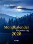 „Holga Föger Mondkalender für jeden Tag 2028“. Mond über einem nächtlichen Wald und ruhigem See, blaue Töne.