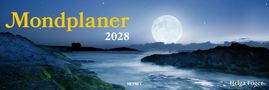 Text: "Mondplaner 2028", "Helga Föger"; Logo: "HEYNE". Landschaft mit großem Vollmond über einem Ruhigen See, felsige Ufer.