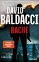 „DAVID BALDACCI: RACHE“ über einer Stadtsilhouette, ein Mann steht im Vordergrund. Oben Text: „ER KÄMPFT OHNE GNADE...“., Buch