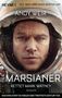 Texte: "Heyne", "Andy Weir", "Der Marsianer", "Rettet Mark Watney", "Roman". Gesicht eines Mannes im Raumanzug., Buch