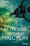 Text: "ALASTAIR REYNOLDS DAS GEHEIMNIS DER HALCYON ROMAN HEYNE". Illustration: Raumstation vor einem Planeten., Buch