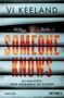 „Someone Knows“ in großen roten Buchstaben, Augen schauen durch Jalousien. "Du dachtest, dein Geheimnis sei sicher?", Buch