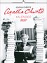 Titel: "Agatha Christie Kalender 2027". Eine Frau mit Schreibmaschine, umgeben von Bücherstapeln.