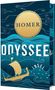 Text: "HOMER", "ODYSSEE", "INSEL". Illustration: Goldene Sonne über blauen Wellen, darunter ein antikes Schiff., Buch