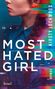 „MOST HATED GIRL“ in großen weißen Buchstaben, darunter „KIRSTY LOCKWOOD“, seitlich. Abbild einer Frau im Profil., Buch