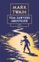 "Mark Twain. Tom Sawyers Abenteuer. Insel." Illustration: Junge mit Laterne auf Pfad, umgeben von Pflanzen, in blauen und goldenen Tönen., Buch