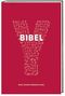 "BIBEL" und "NEUE EINHEITSÜBERSETZUNG" auf rotem Hintergrund, geformt aus religiösen Symbolen., Buch