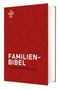 "FAMILIENBIBEL Einheitsübersetzung". Roter Hintergrund mit Blattmuster und einem stilisierten Baum-Logo oben links., Buch