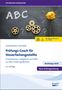 Titel: "Prüfungs-Coach für Steuerfachangestellte". Tafel mit ABC, Zahnrädern, Fragezeichen und einer gelben Papierkugel als Idee., 1 Buch und 1 Diverse