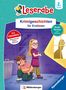 "Krimigeschichten für Erstleser", Illustration mit zwei Kindern, eines mit Lupe, eines mit Taschenlampe, und einem Fenster., Buch