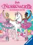 "Barbie in der Nussknacker", zwei Tänzerinnen in pinken Kostümen mit Einhorn, Süßigkeiten im Hintergrund. Ravensburger Logo., Buch