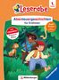 "Abenteuergeschichten für Erstleser" steht auf einem bunten Cover mit Kindern und einem Affen im Dschungel., Buch