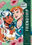 Texte: "COLOR by NUMBERS", "FRIENDSHIP". Illustration von zwei lächelnden Personen umgeben von Blumen., Buch