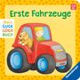 „Erste Fahrzeuge“ und „Mein Guckloch Buch“. Illustration von Kind und Hund auf rotem Traktor. Geeignet ab 6 Monaten., Buch