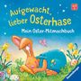 "Aufgewacht, lieber Osterhase. Mein Oster-Mitmachbuch." Illustration: Hase schläft neben Osterei und Narzissen., Buch