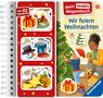 "Mit 22 Magneten. Mein großes Magnetbuch. Wir feiern Weihnachten." Mutter und Kind schmücken Weihnachtsbaum, Hund sitzt daneben., Buch