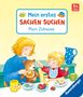 "Mein erstes SACHEN SUCHEN Mein Zuhause 1+ Jahre." Illustration: Kind und Erwachsener am Tisch, mit Spielzeug und Essen., Buch