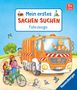"Mein erstes SACHEN SUCHEN Fahrzeuge". Illustration: Müllwagen mit Fahrer, Familie auf Rad, Bäume, Katze und Vögel.