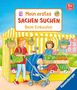 "Mein erstes Sachen suchen: Beim Einkaufen" ist oben. Illustration eines Marktstands mit Frau, Kind im Kinderwagen und Gemüseständen., Buch