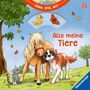 „Komm, spiel mit!“, „Alle meine Tiere“, Buch von Ravensburger. Pferd, Hund, Katze, Schmetterlinge auf grünem Feld., Buch