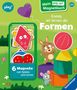 "6 Magnete zum Spielen und Lernen. Komm, wir lernen die Formen." Ein Hase und eine Maus mit bunten Formen.