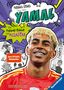 Text "Fußball-Stars: Alles über Yamal", "Vom Fußball-Talent zum Megastar". Lächelnder Fußballspieler in rotem Trikot, Comic-Stil., Buch